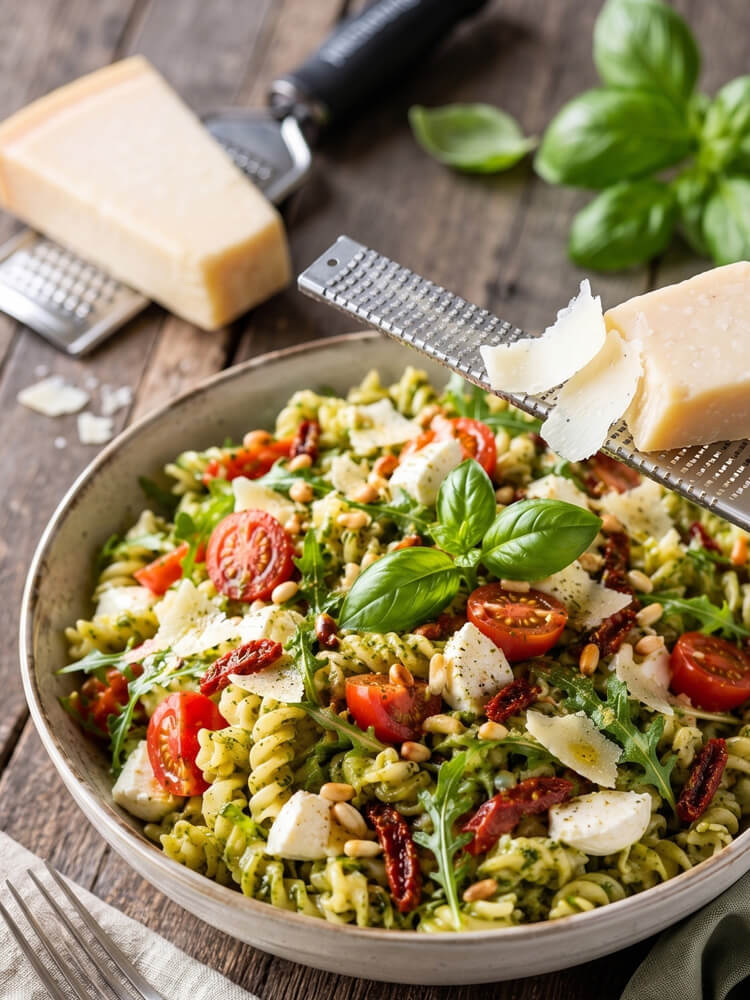 Sommerlicher Nudelsalat mit Pesto, Tomaten, Mozzarella, Rucola, Pinienkernen und frisch gehobeltem Parmesan