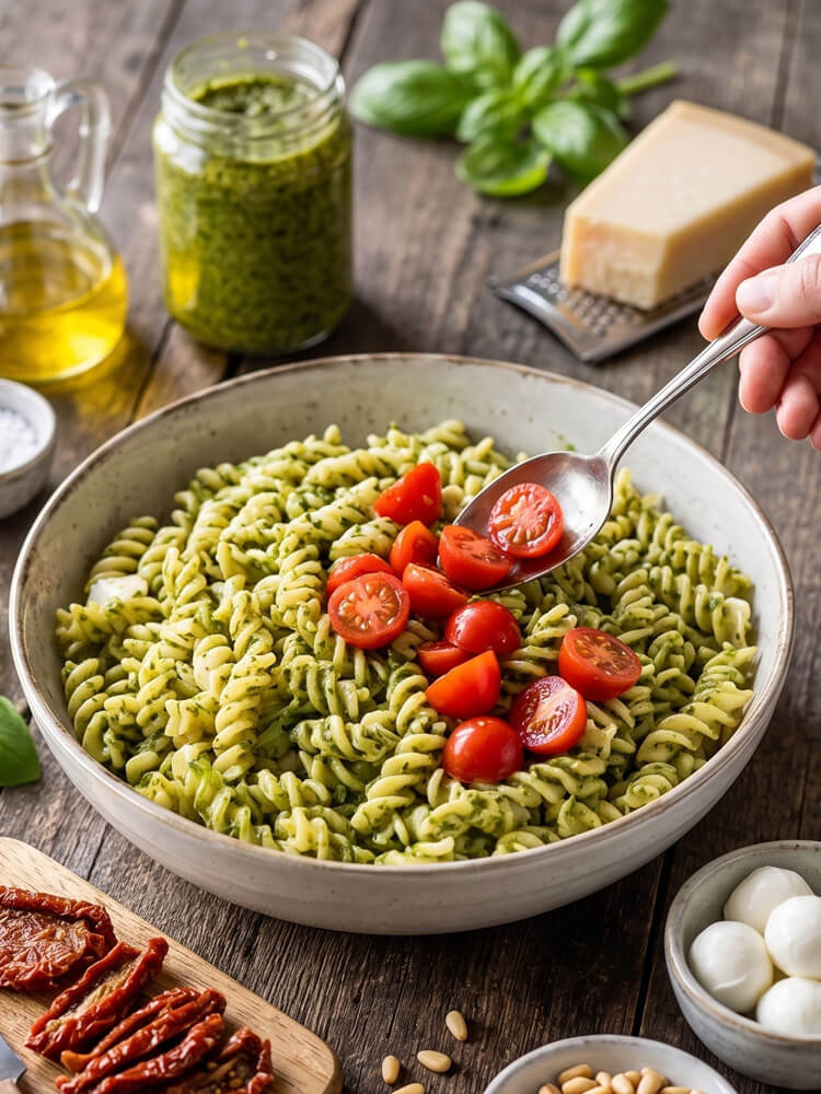 Fertiger Pesto-Nudelsalat mit Tomaten, Mozzarella, Parmesan und Rucola wird serviert