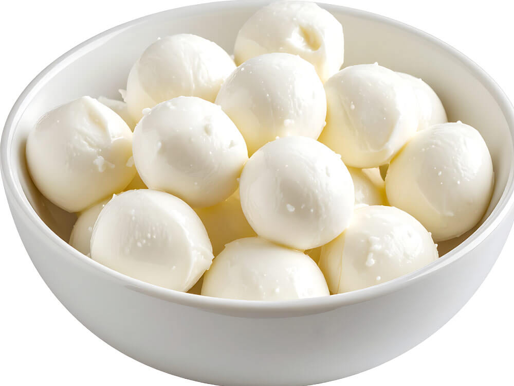 Eine weiße Schüssel voll mit kleinen, runden Mozzarella-Kugeln. Diese werden für den vegetarischen Nudelsalat verwendet.