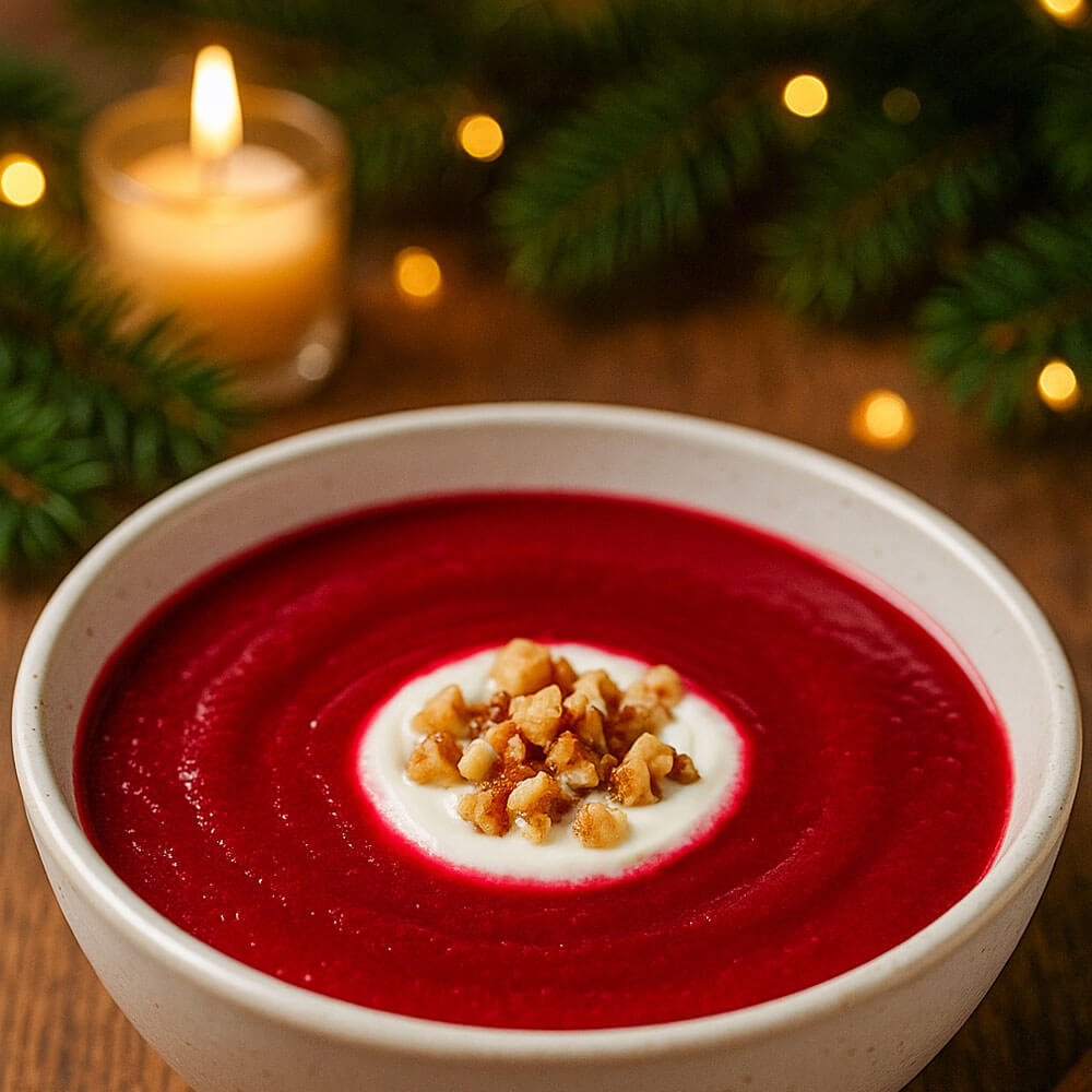 Rote Bete Creme-Suppe als günstige Vorspeise im Weihnachtsmenü für Studenten
