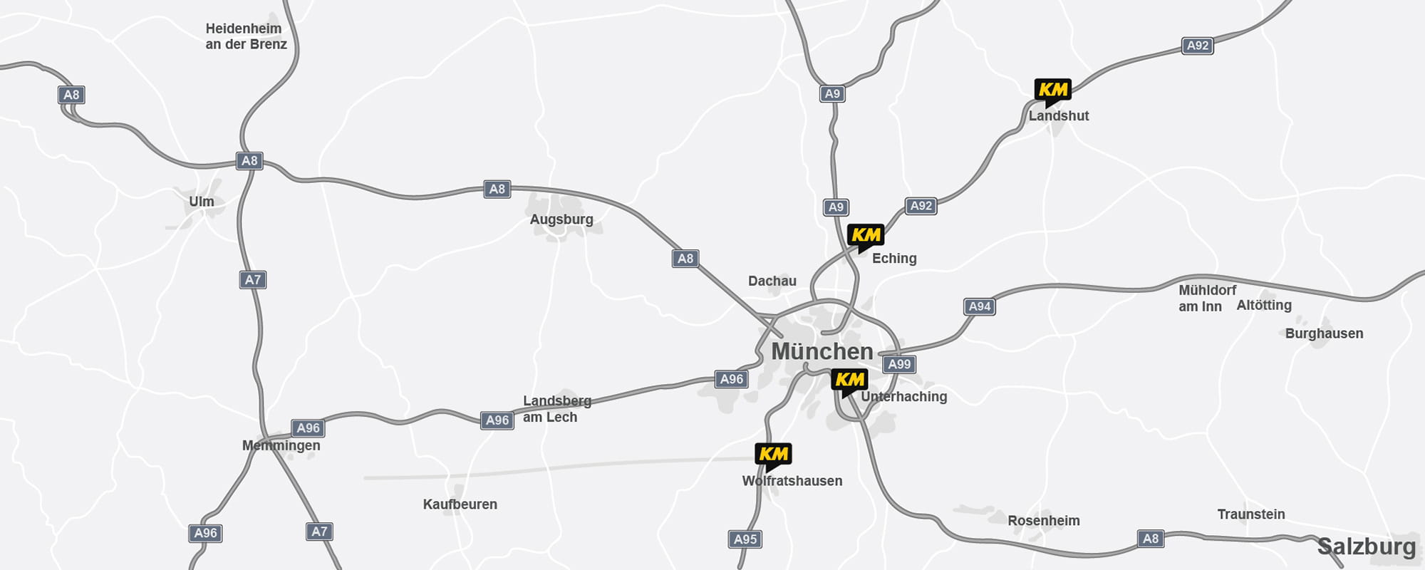 Karte mit KüchenMarkt Filialen in Eching, Unterhaching, Wolfratshausen und Landshut rund um München